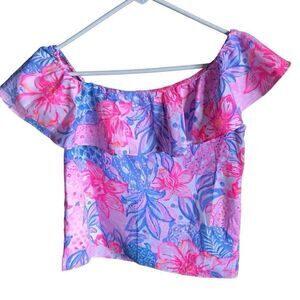 Lilly Pulitzer Zeldie ruffle one shoulder top Print pink isle Floral Size Small